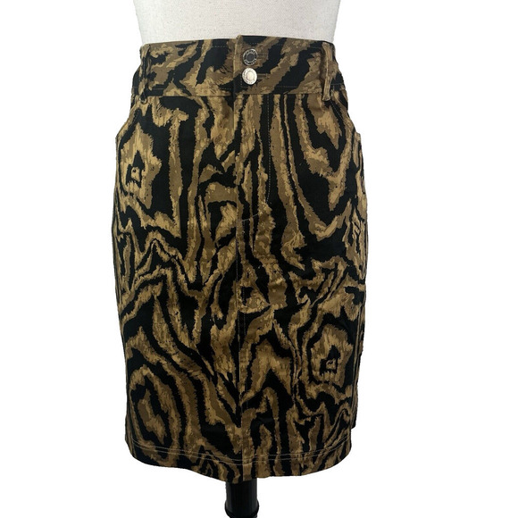 Chaps Skirt size 10 Black Brown Animal Print Straight Knee Stretch Casual Slim - Picture 1 of 9